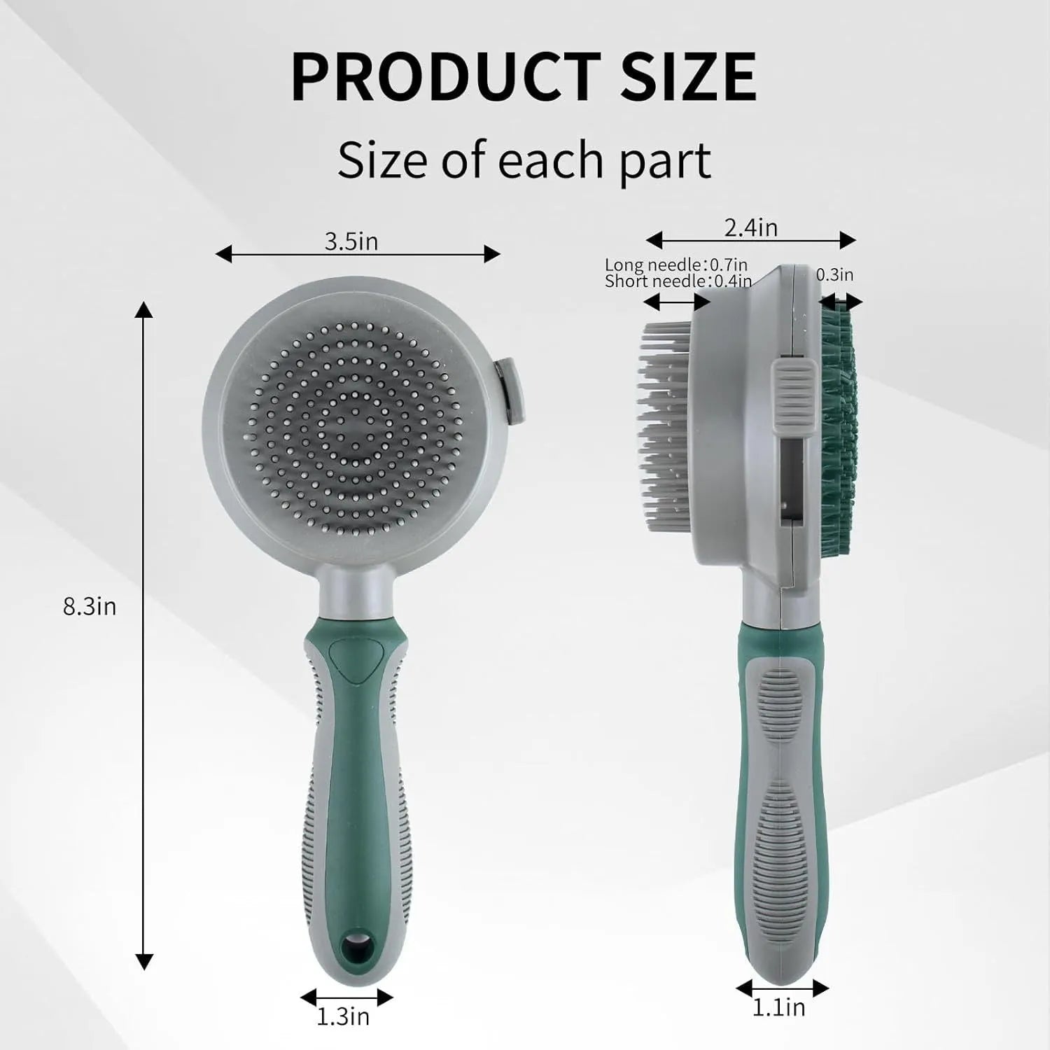 Green and pink two-sided pet grooming brush with retractable slicker and silicone massager