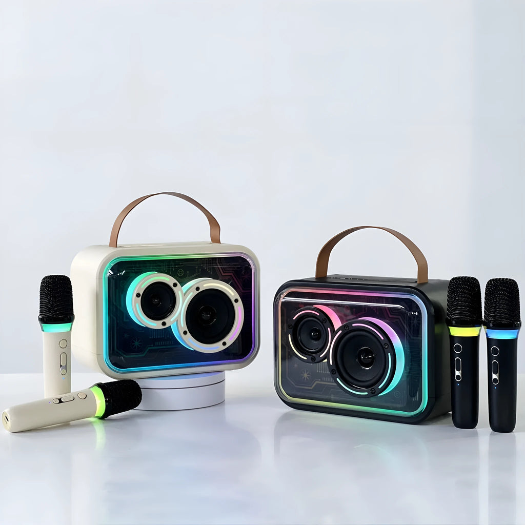 Bluetooth portable karaoke speaker with RGB lighting in black or light yellow colour
