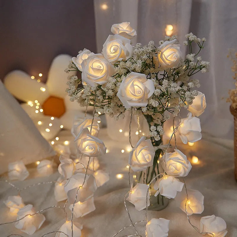 Battery-powered LED rose light string with ten artificial foam roses for indoor holiday decoration
