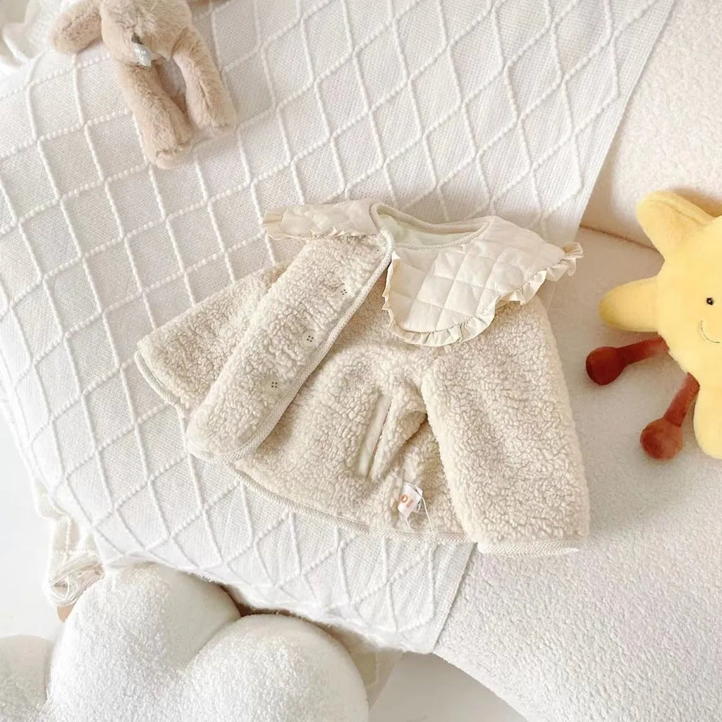 Children's fleece-lined lapel jacket in milky white, single-breasted, thickened, 80-130cm