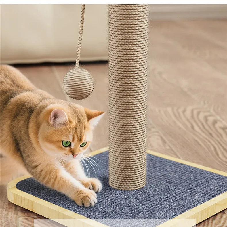 Windmill coloured pine wood cat climbing frame with a hanging ball and carpet leather scratching surfaces.