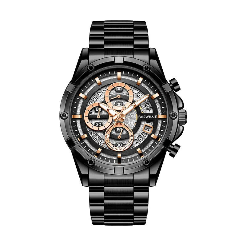 Men's waterproof quartz watch with luminous hands on stainless steel strap