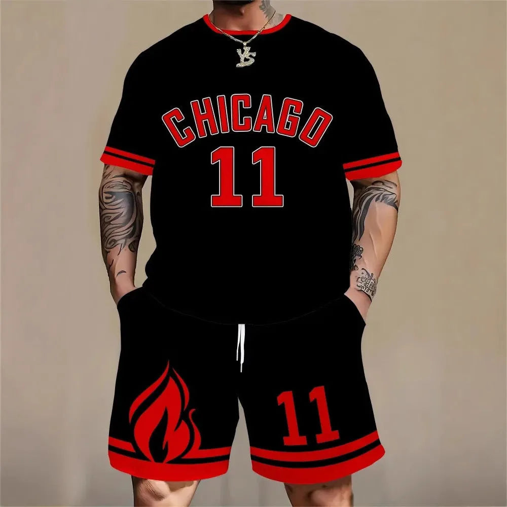 Men's 3D printed sports suit set with short sleeve top and matching shorts in polyester fabric