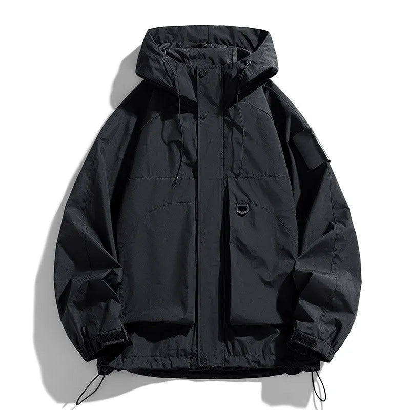 Men's black waterproof windproof hooded jacket coat for outdoor work and leisure.