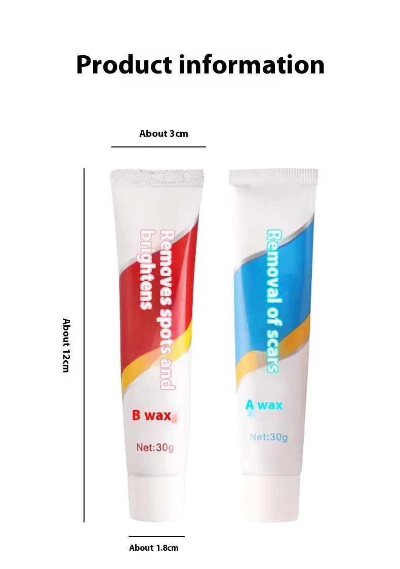Car repair wax kit with bottles of A and B wax and a frosted sponge applicator for paint correction.