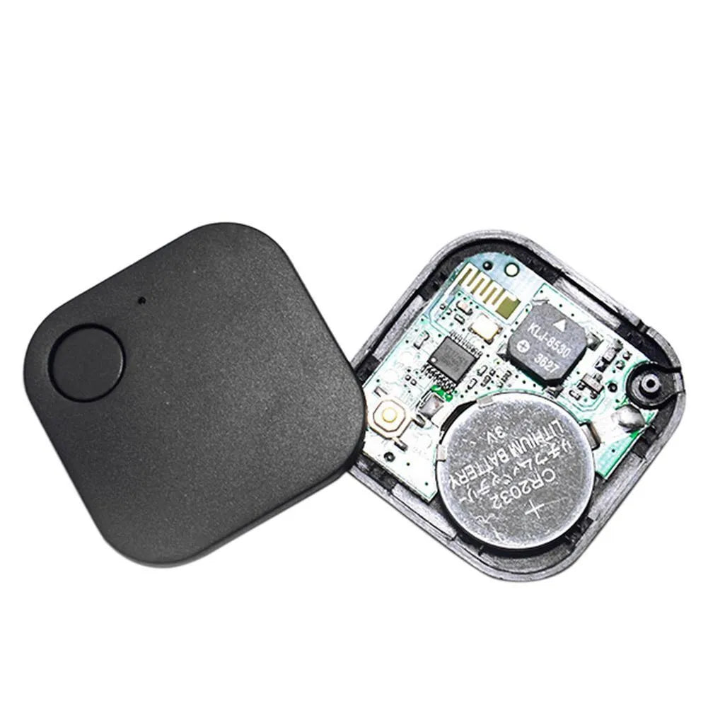 Square anti-lost device in black silk finish with ABS casing on a white background