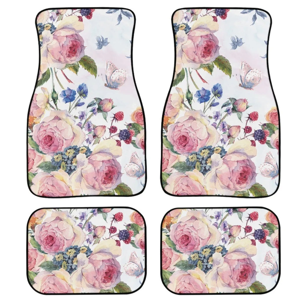 Black printed rubber car floor mats in a four-piece set for vehicles
