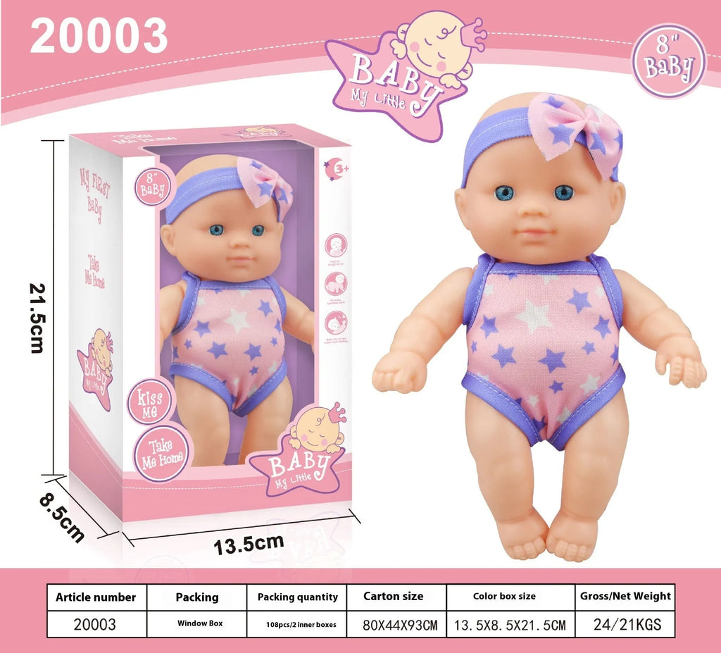A 21.5cm tall vinyl baby figurine doll, a decorative model available in six different colour options.