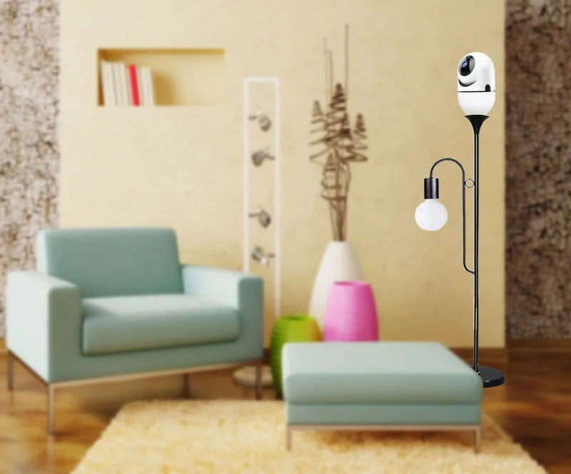 White ABS wireless WiFi bulb camera with 1080P resolution and shaking head mechanism for indoor home security monitoring.