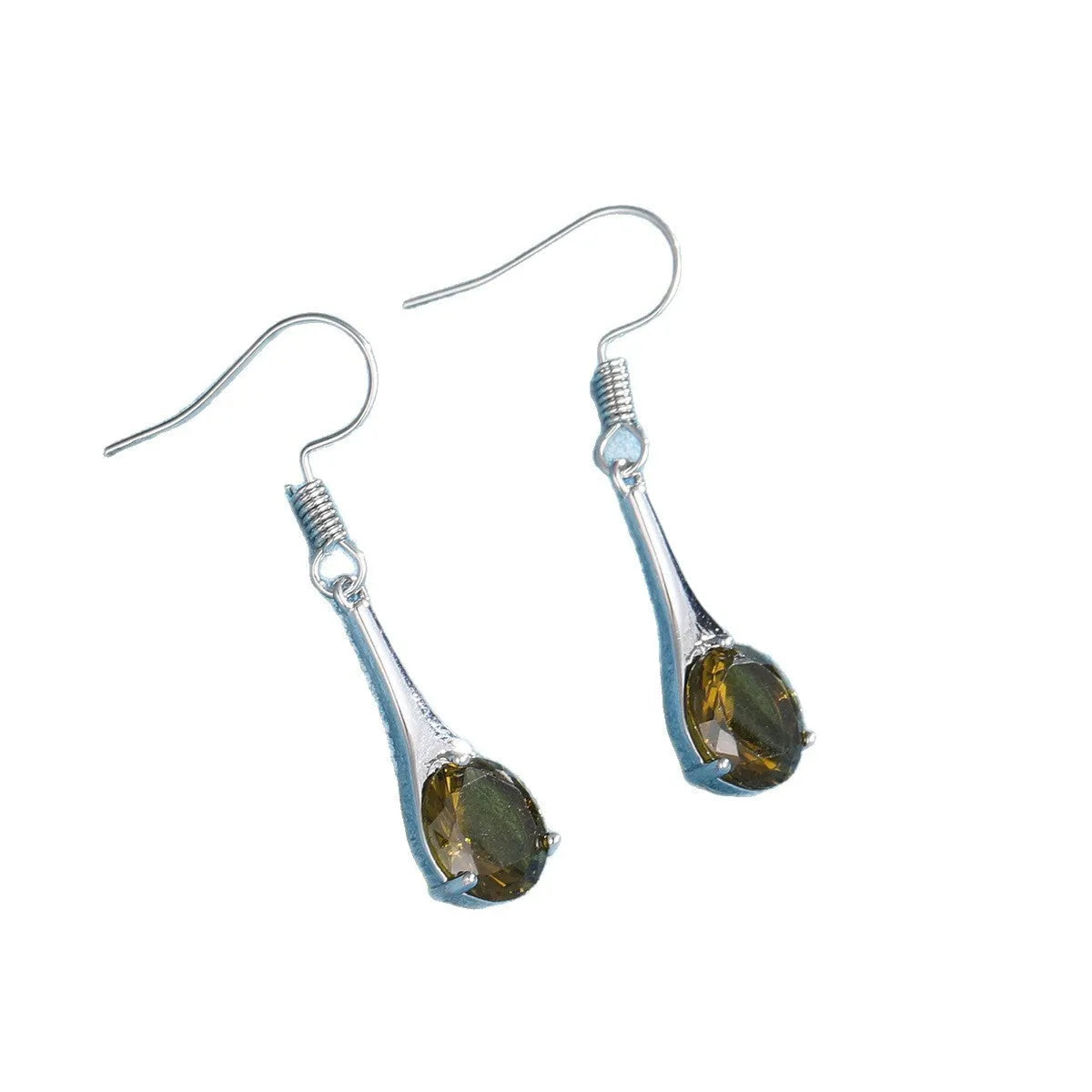 Olive green retro-style drop earrings with a minimalist water drop shape on a white background.