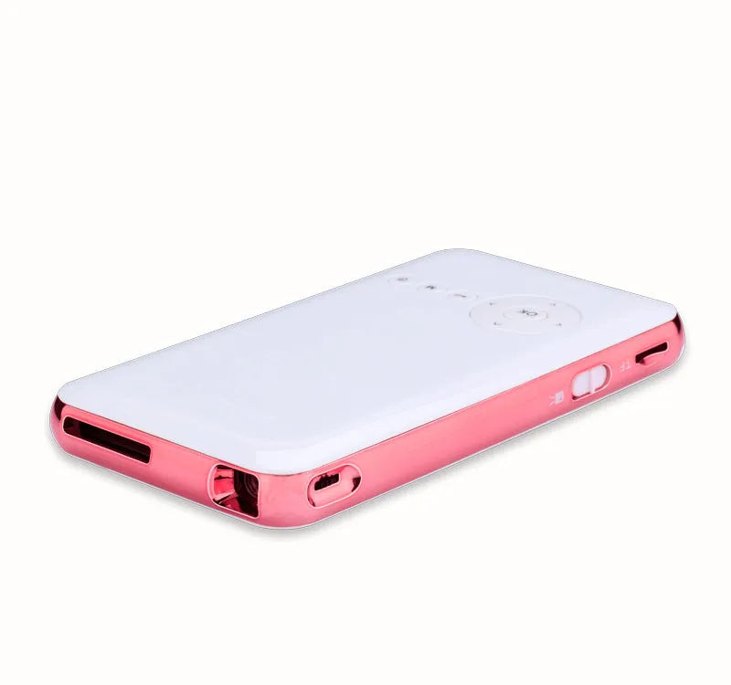 White and rose gold M6S miniature Android projector showing compact dimensions and DLP lens