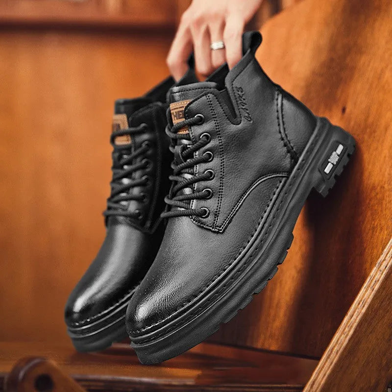 Men's retro Martin boots with chunky sole, front lace-up, round toe, in black, side view