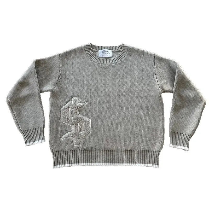 Grey jacquard loose-fitting knitwear coat with long sleeves for autumn winter wear