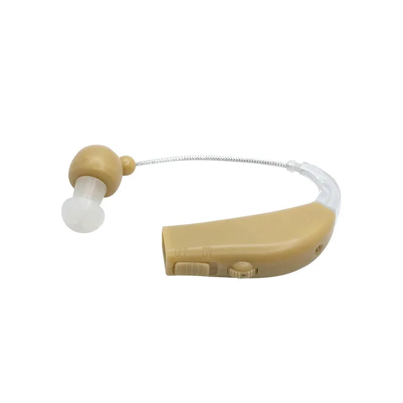 Black silicone rechargeable hearing aid amplifier with USB charging cable for the elderly.