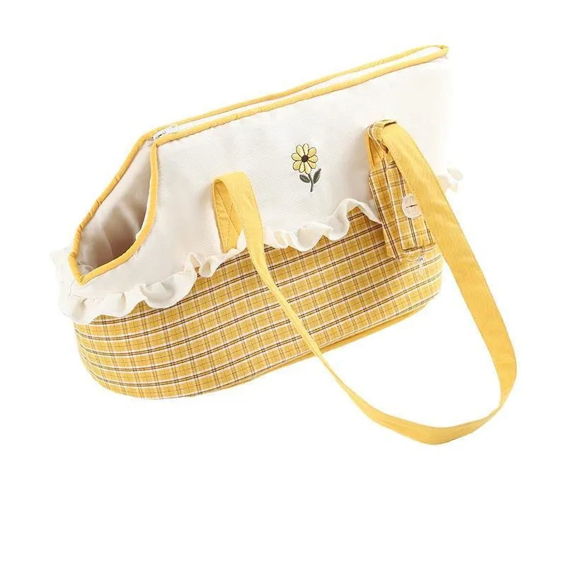 Shoulder cat bag with cartoon pattern in plush material for small pet transport