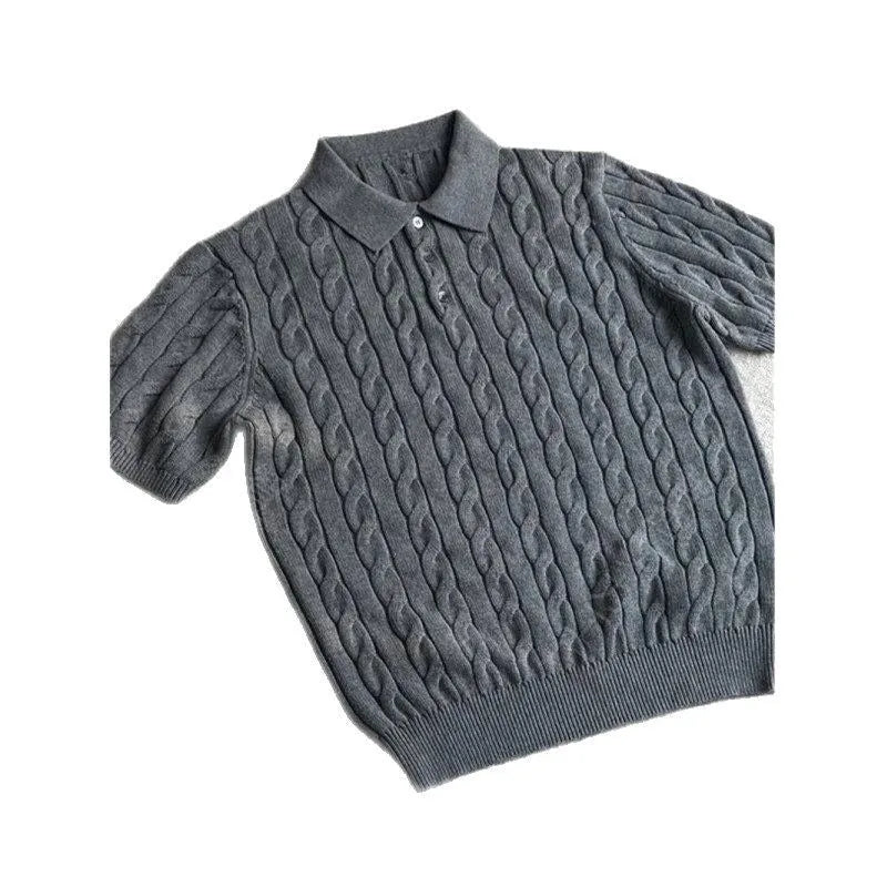 Short sleeve combed cotton knitted T-shirt in grey on a hanger, showing youth style.