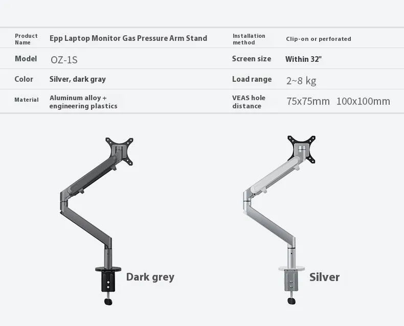 Silver aluminium Free Hover adjustable laptop and monitor arm bracket extended on a desk.