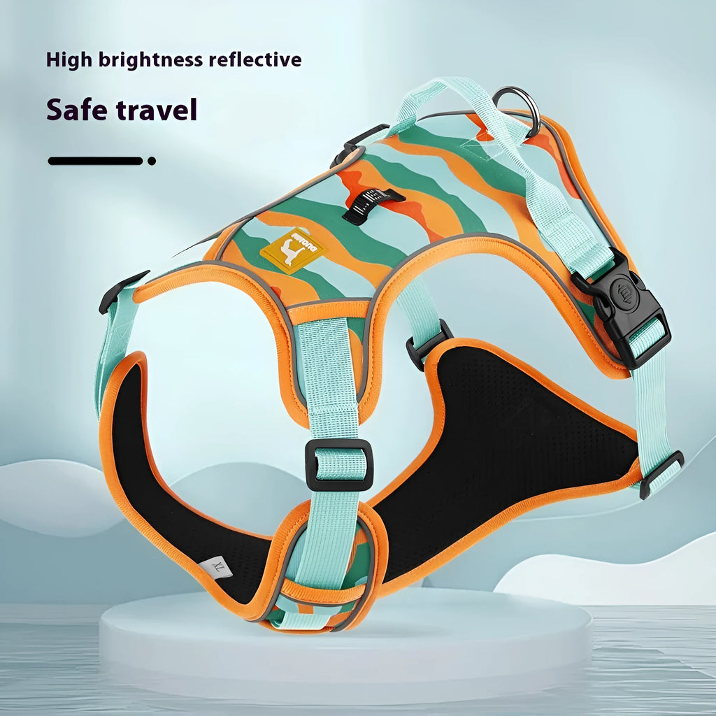 Reflective orange dog harness and leash with hand-holding rope on a chest and back design.