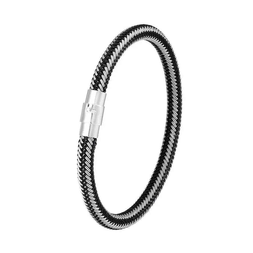 Men's titanium steel geometric wire bracelet with a magnetic clasp in black, shown on a wrist.