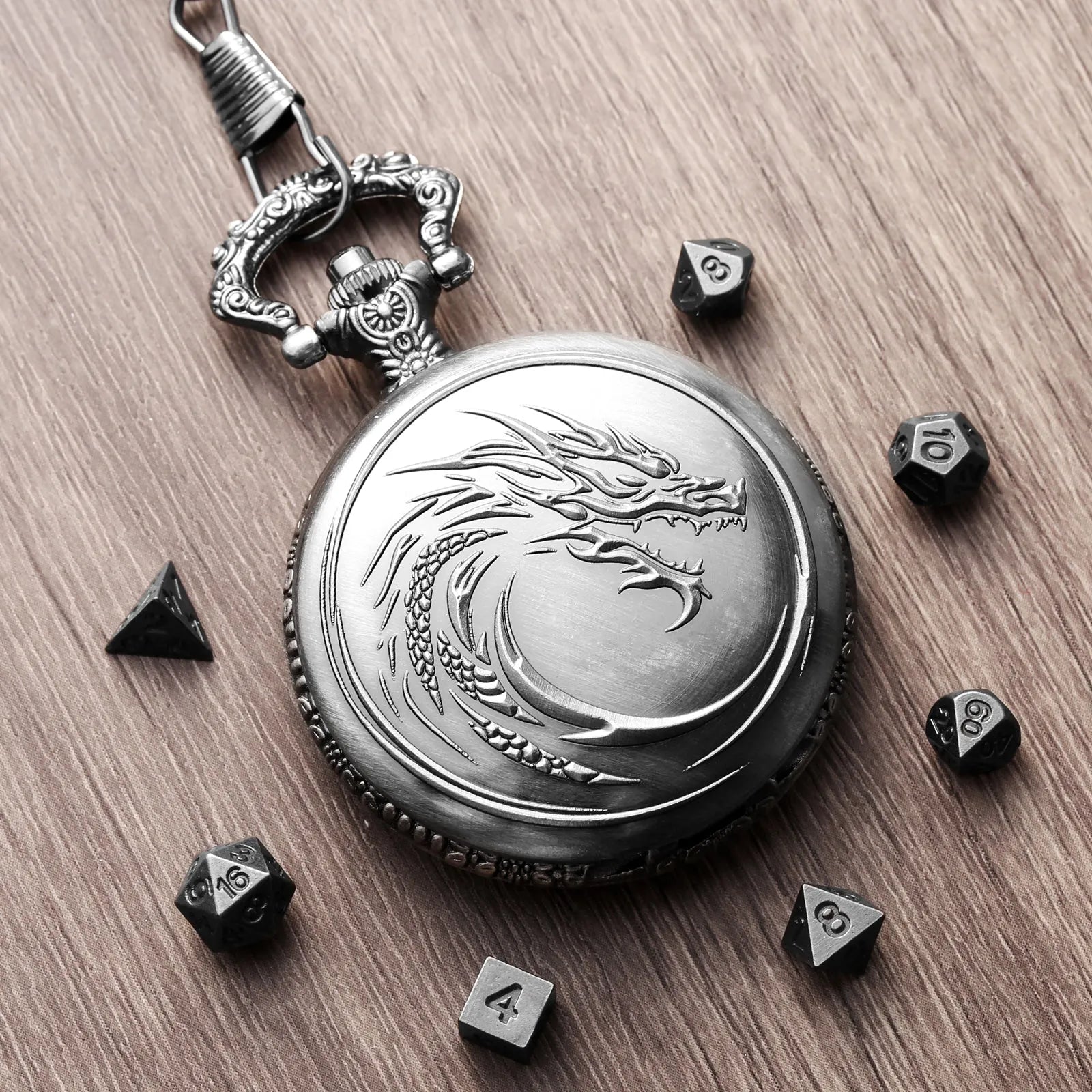 Retro alloy curved faucet pocket watch dice set with seven polyhedral dice in bronze finish and storage box