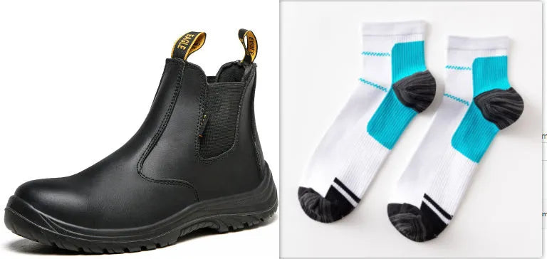 Black leather high-top safety work boots with anti-piercing soles on a white background
