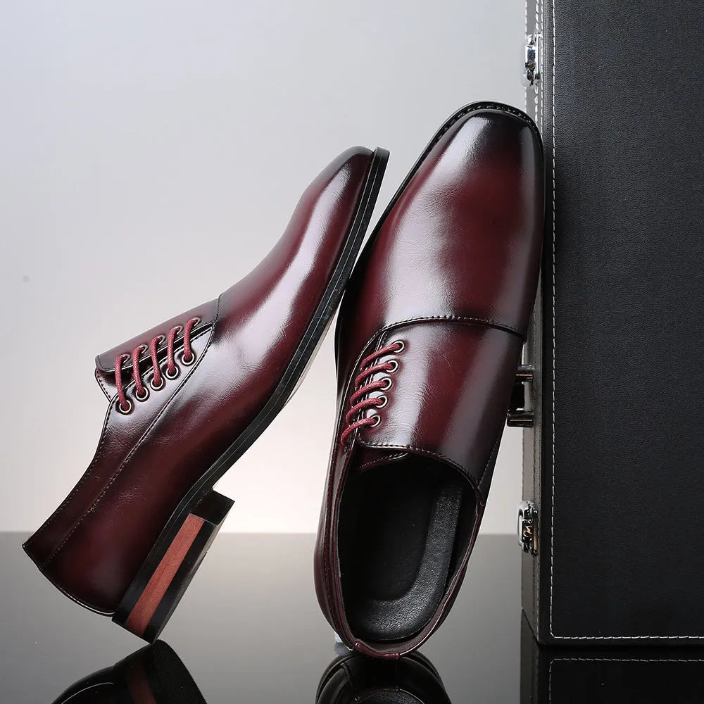Japanese square toe large size men's lace-up shoes in black with leather stitching and rubber sole
