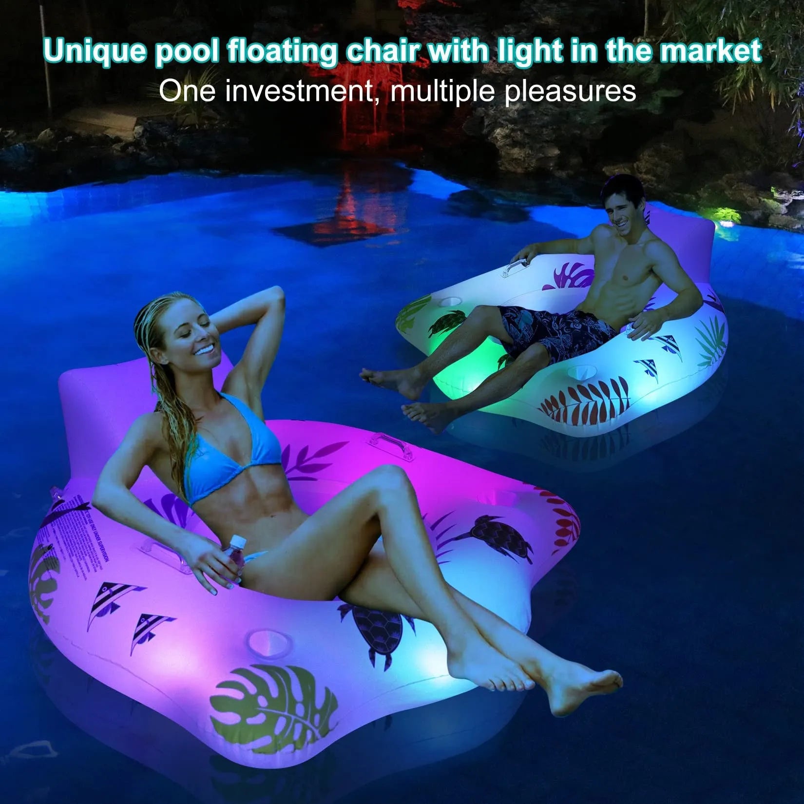White luminous U-shaped inflatable float on water, showing recliner seat design.