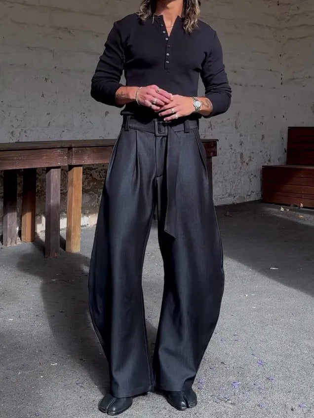 Black polyester oversized wide-leg pants with high-waisted belt, full-length, casual fit