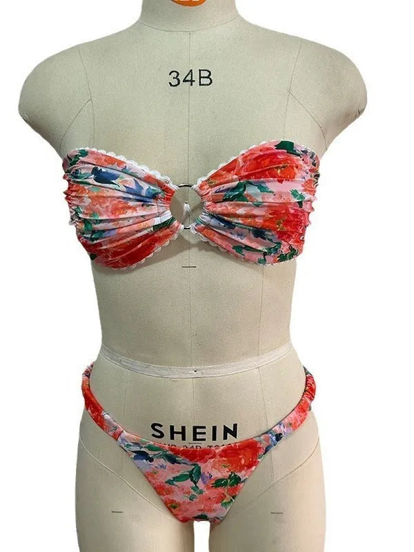 Women's floral printed lace-trim bikini set in blue, shown front and back.