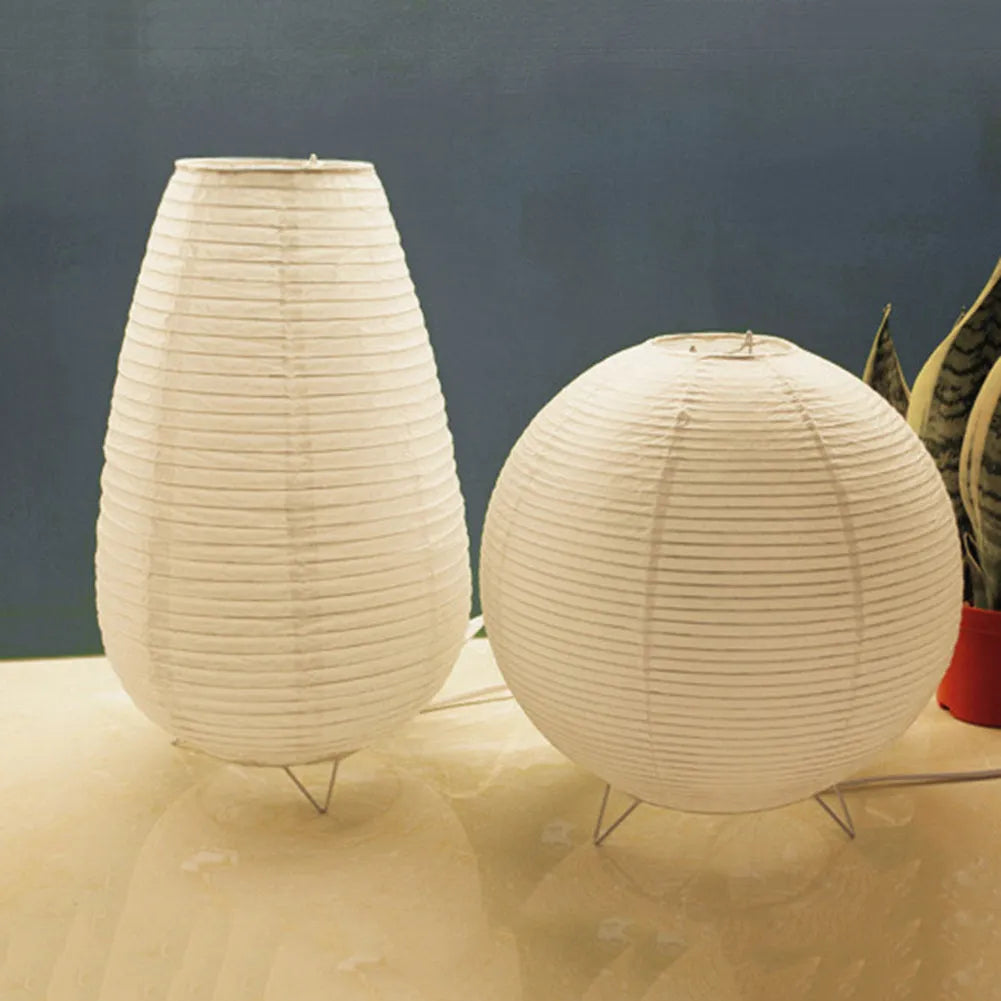 White handcrafted rice paper table lamp with plug, shown in circular and rectangle shape options.