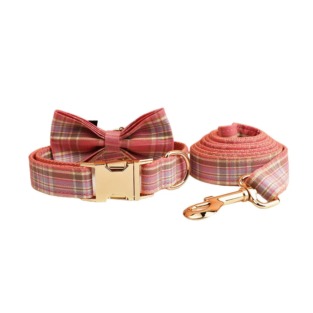 Plaid cloth dog collar traction rope set with vest and bow accessories in multiple colour options