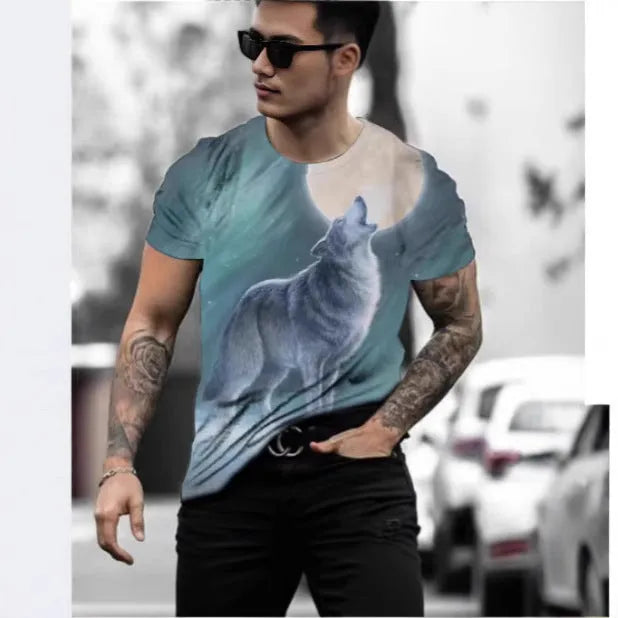 Retro style men's t-shirt with a 3D animal pattern print, short sleeves, and a pullover neck.