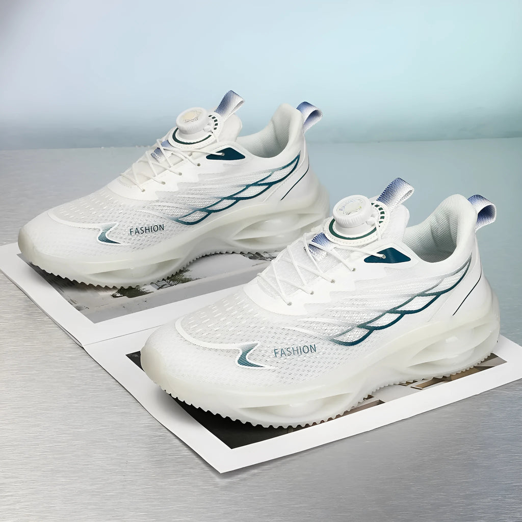 Unisex casual running shoes in black gold, sky blue, and white colours, showing low top design and mesh upper.