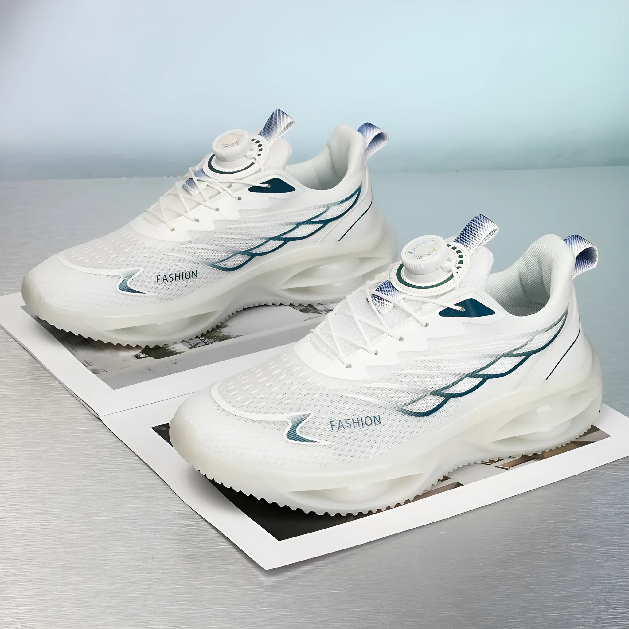 Unisex casual running shoes in black gold, sky blue, and white colours, showing low top design and mesh upper.