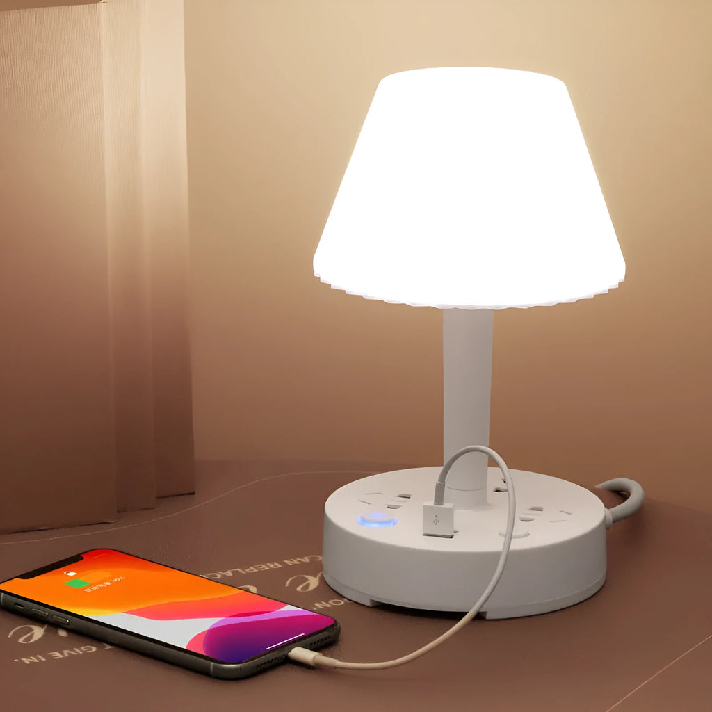 Multi-function conversion socket desk lamp with USB ports and power strip, white or pink, 10A 220V, cable lengths 0.8m to 4.8m.