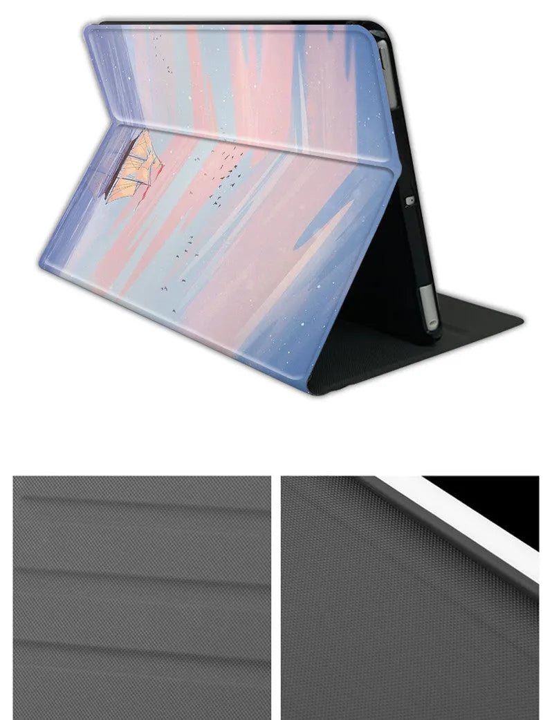 Silicone iPad cover with dreamy painting style sailing design in book style