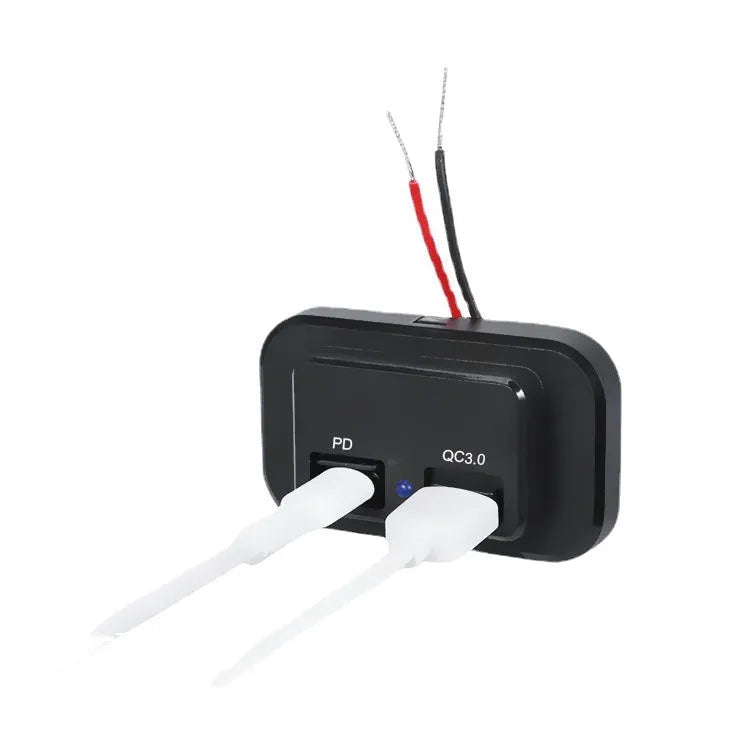 Black QC3.0 modified car charger with TYPE-C interface for 36W fast charging in vehicles