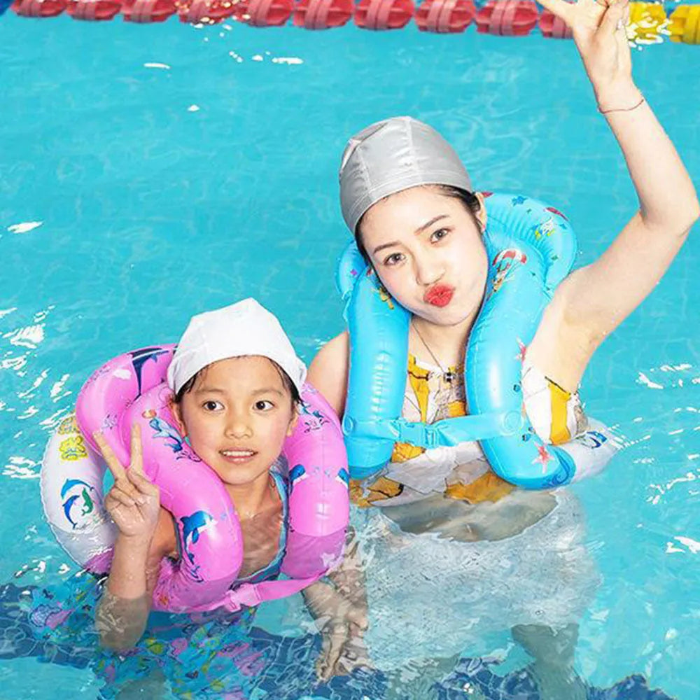 Happy Tour thickened double airbag PVC swim vest in pink and blue with printed pattern for children and adults