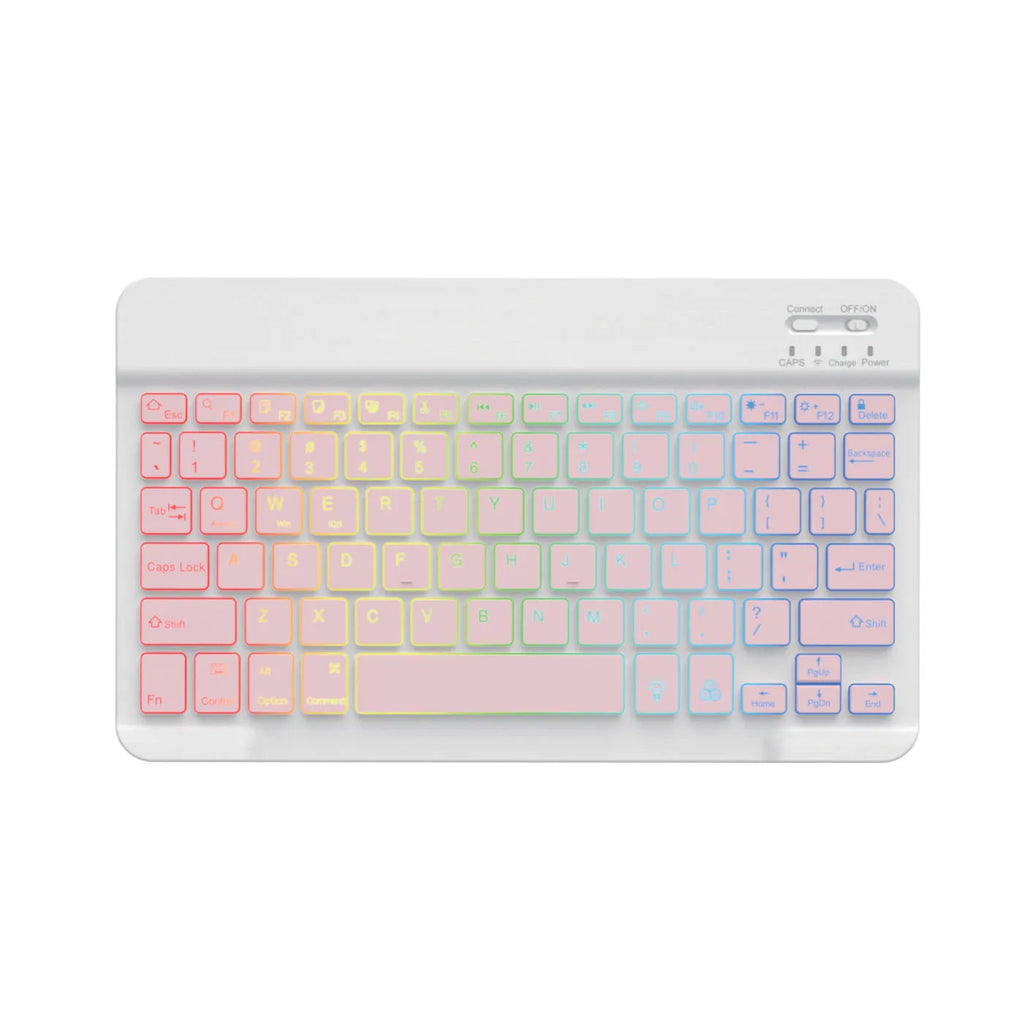 10-inch black Bluetooth keyboard with colourful LED backlighting for tablets on a desk.