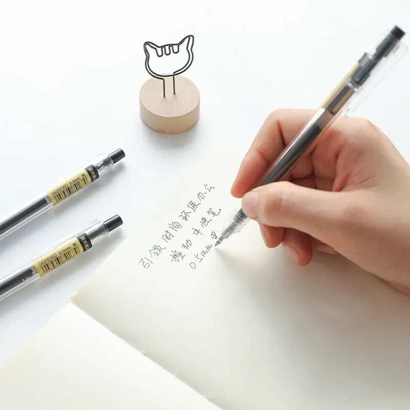 Set of twelve black matte finish retractable gel pens with 0.5mm tips and two spare refills.
