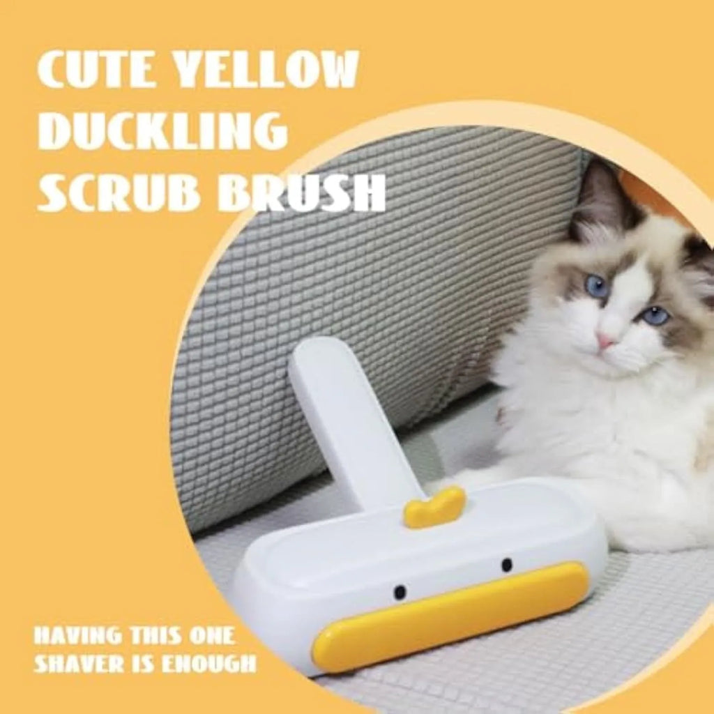 Portable pet hair remover brush with yellow duck design and white plastic body