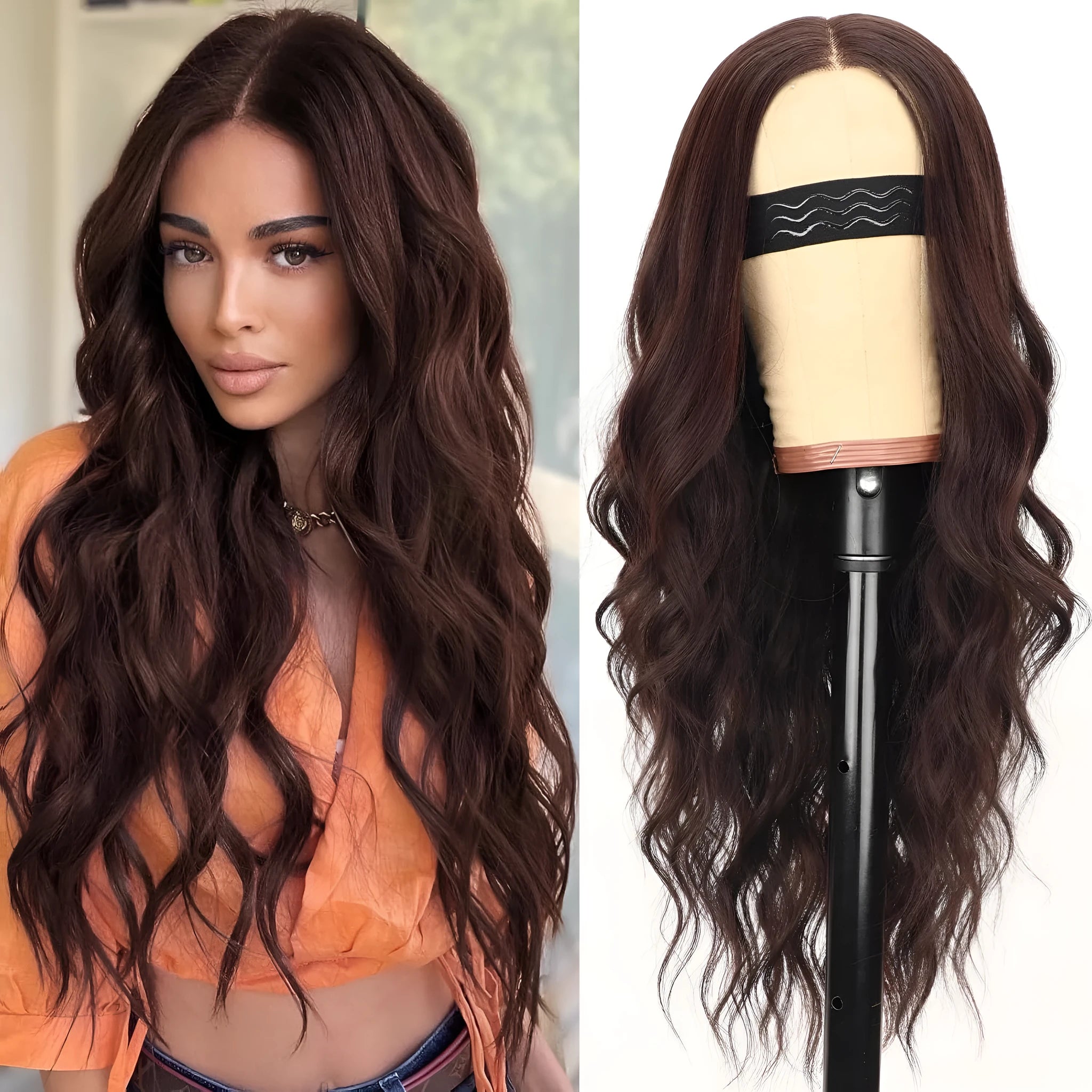 Lace big wave wig for women, dark brown, high temperature silk, 18 inch length, 13x4 lace front