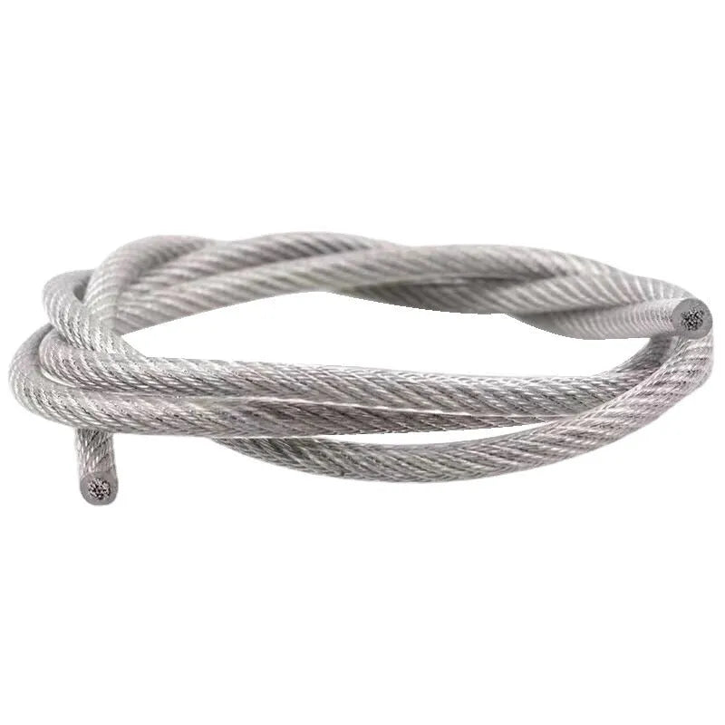 Close-up of a coiled 304 stainless steel multi-strand security cable with a coated finish.