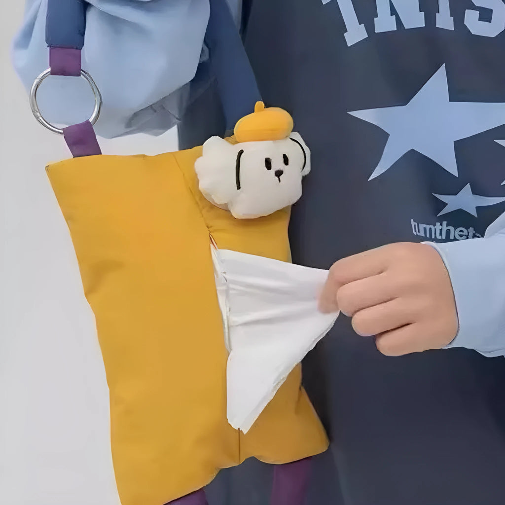 Hanging plush tissue buggy bag for cars and pushchairs measuring 25x19 cm in hat dog colour design