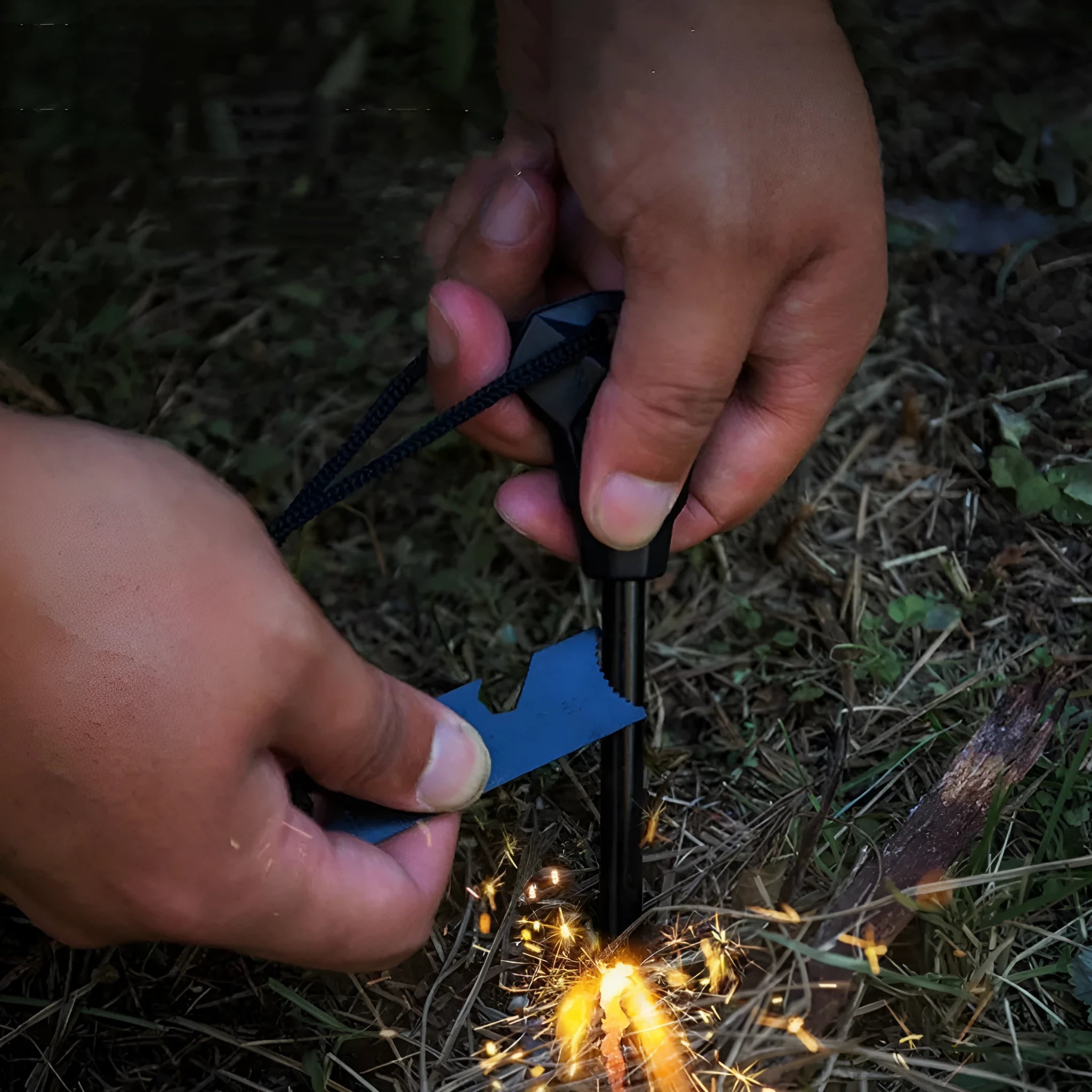 Black outdoor multifunctional survival flint tool with stainless steel scraper on a dark background.