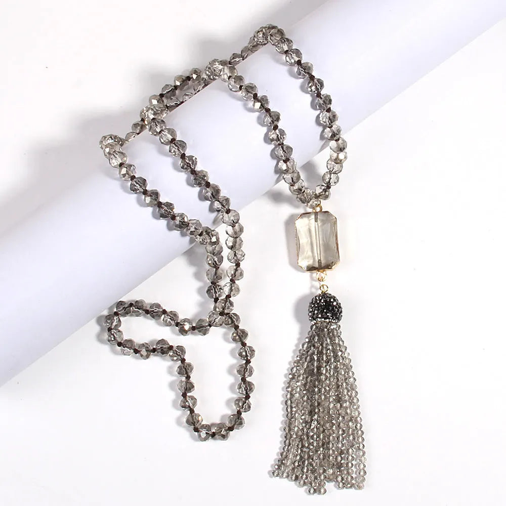 Square glass pendant necklace with glass tassel, electroplated finish, knot chain, 81cm length, bohemian style