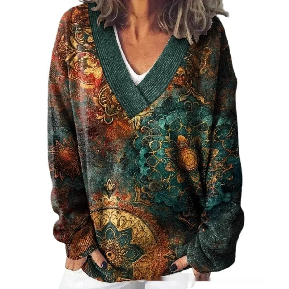 Women's V-neck sweatshirt with 3D floral pattern print and long sleeves in casual pullover style
