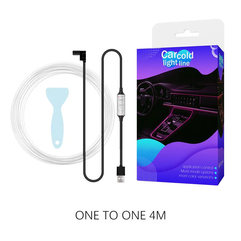 USB-powered RGB LED light strip for car interior with wireless remote control.
