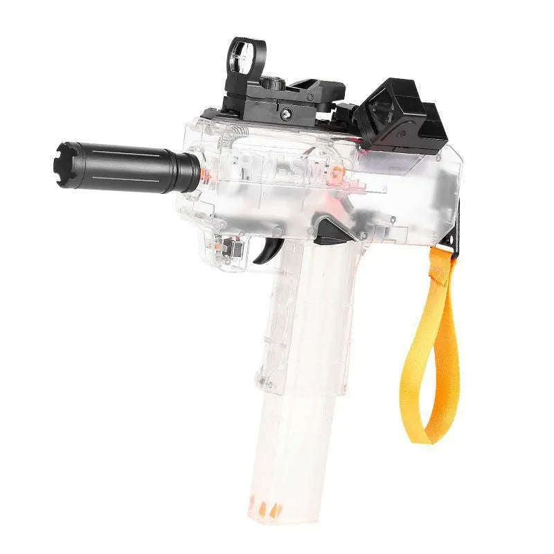 Uzi style electric water gun with transparent blue body, showing tactical accessories including sight and rail.