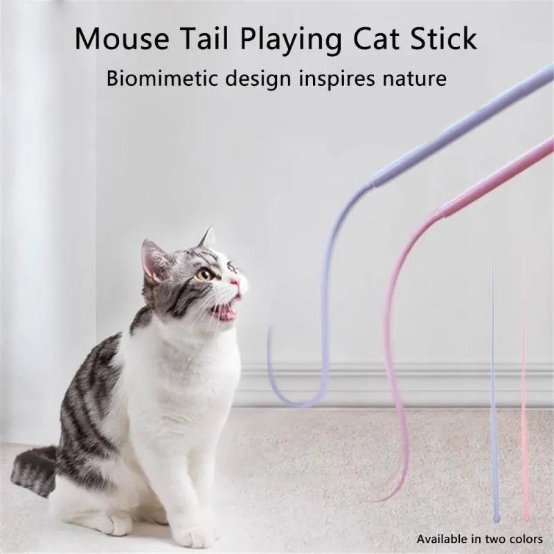 Simulated mouse tail cat toy with silicone tail and cat head design in blue or pink colours